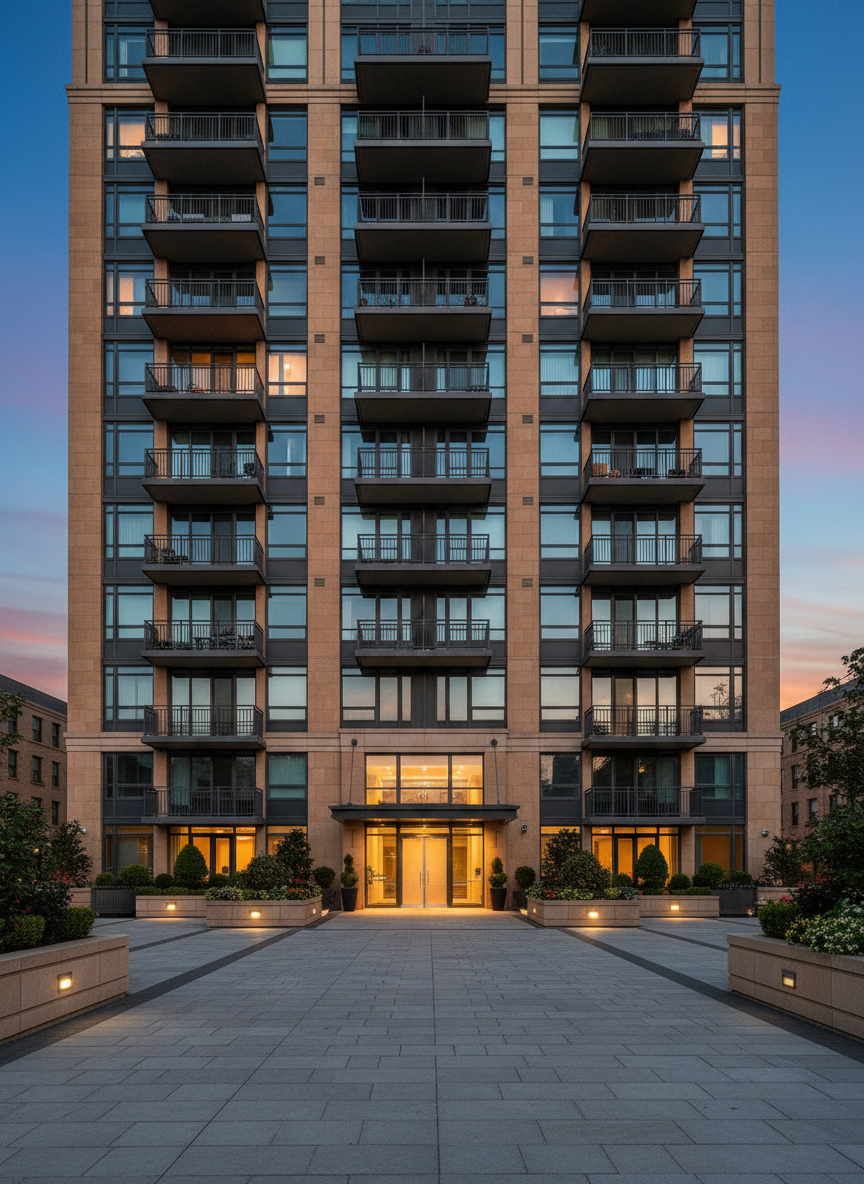An elegant, high-rise residential building facade at twilight, representing premium real estate holdings. The structure combines warm sandstone cladding, dark metal balconies, and generous floor-to-ceiling windows, some softly illuminated from within. The building is framed by neatly landscaped planters, subtle pathway lighting, and a clean, paved entry area devoid of vehicles or people. The sky has a deep blue gradient, with the last hint of sunset reflecting faintly in the glass. Photographic realism, shot from a slightly low angle to emphasize scale and stability, with crisp detail throughout. The mood is sophisticated, long-term, and quietly luxurious, conveying the type of assets carefully owned and developed by Bread Field Holdings.