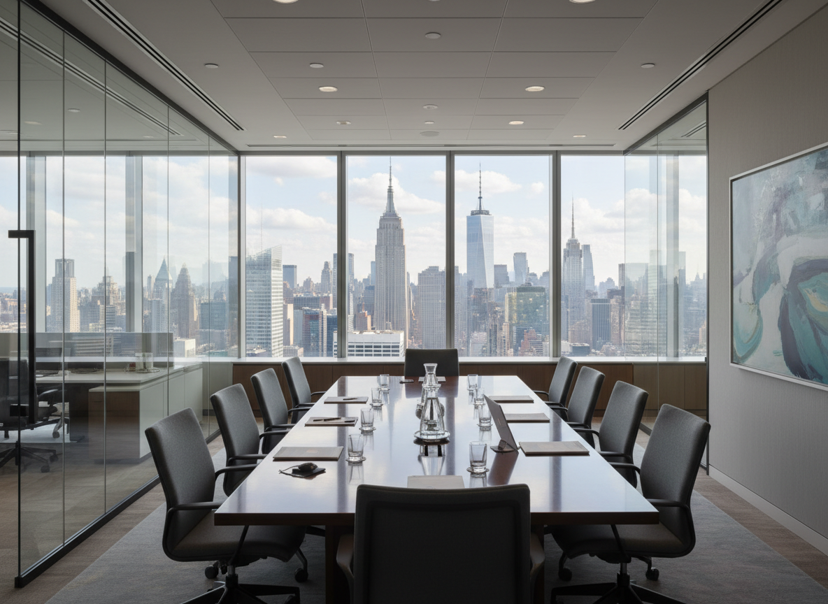 Professional, realistic interior photograph of a high-end institutional investment office in New York City, with glass walls, modern conference table, and city skyline visible through the windows.