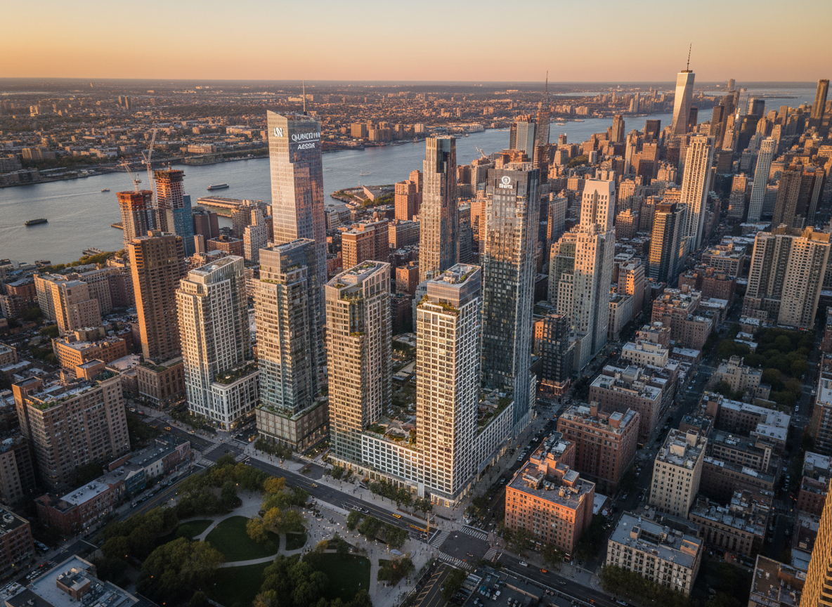 Professional, realistic aerial photograph of New York City skyline with a focus on modern high-rise residential and mixed-use developments, conveying large-scale institutional real estate investment.
